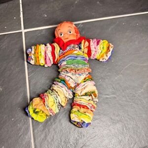 Vintage Handmade Yo-Yo Doll Rubber Face Freckles Multi Color Fabric Folk Art 9in